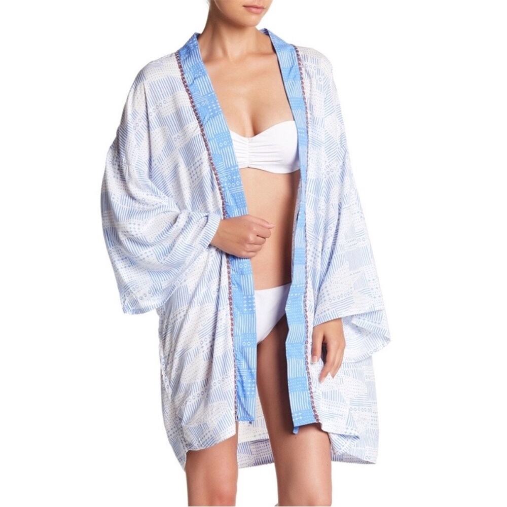 Dolce Vita Blue Abstract Kimono Tie Front Swim Coverup Sz XS